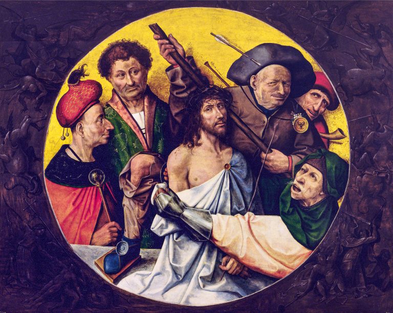 Das seinerzeit von Giselher Wirsing besprochene, inzwischen aber auf Grundlage einer dendrochronologischen Analyse einem Nachfolger von Hieronymus Bosch zugeschriebene Bild »Die Dornenkrönung Christi«, 1530er Jahre, Öl auf Eichenholz, 165 cm × 195 cm; Monasterio de San Lorenzo, El Escorial